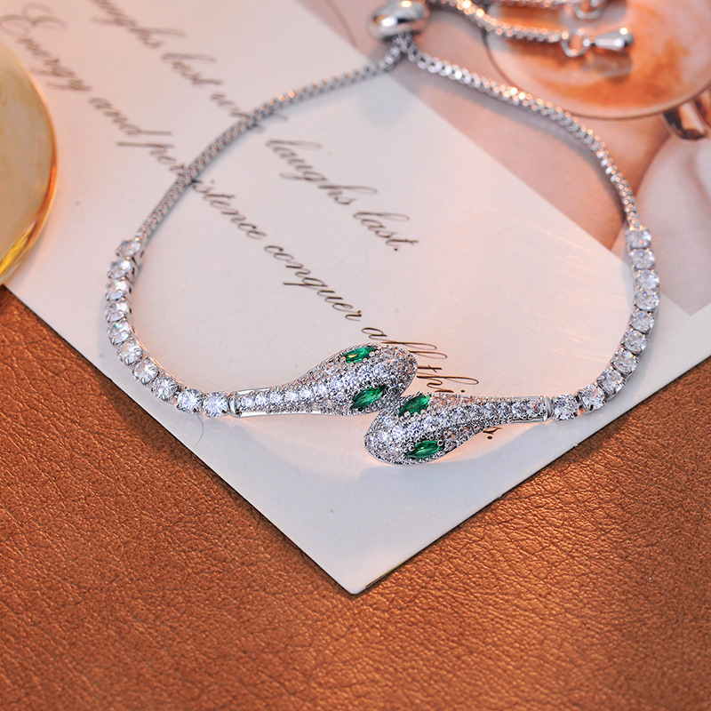 Electroplated Green-eyed Snake Bracelet Cyber Celebrity Light Luxury Drawstring Handrope Exquisite and Small silver Zircon Bracelet