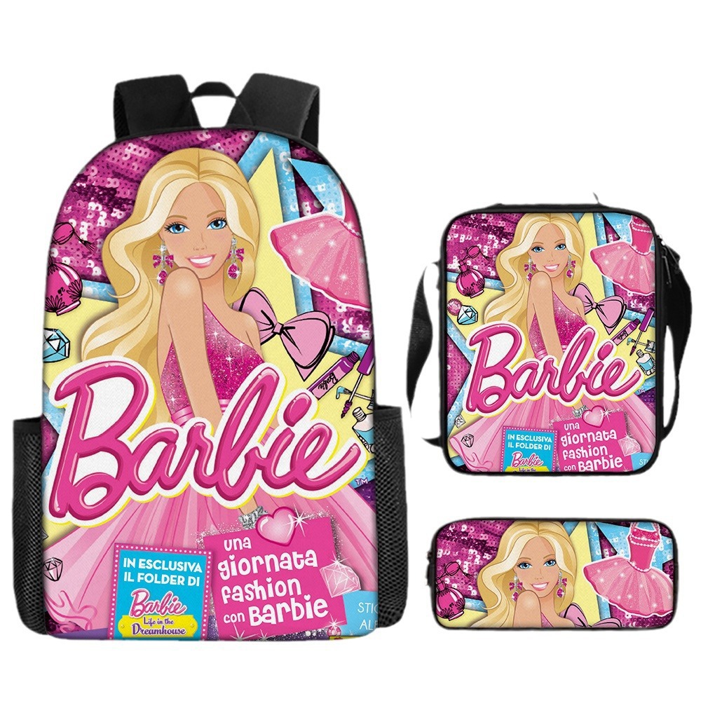 跨境新款芭比公主书包三件套粉色barbie女孩书包大容量学生背包
