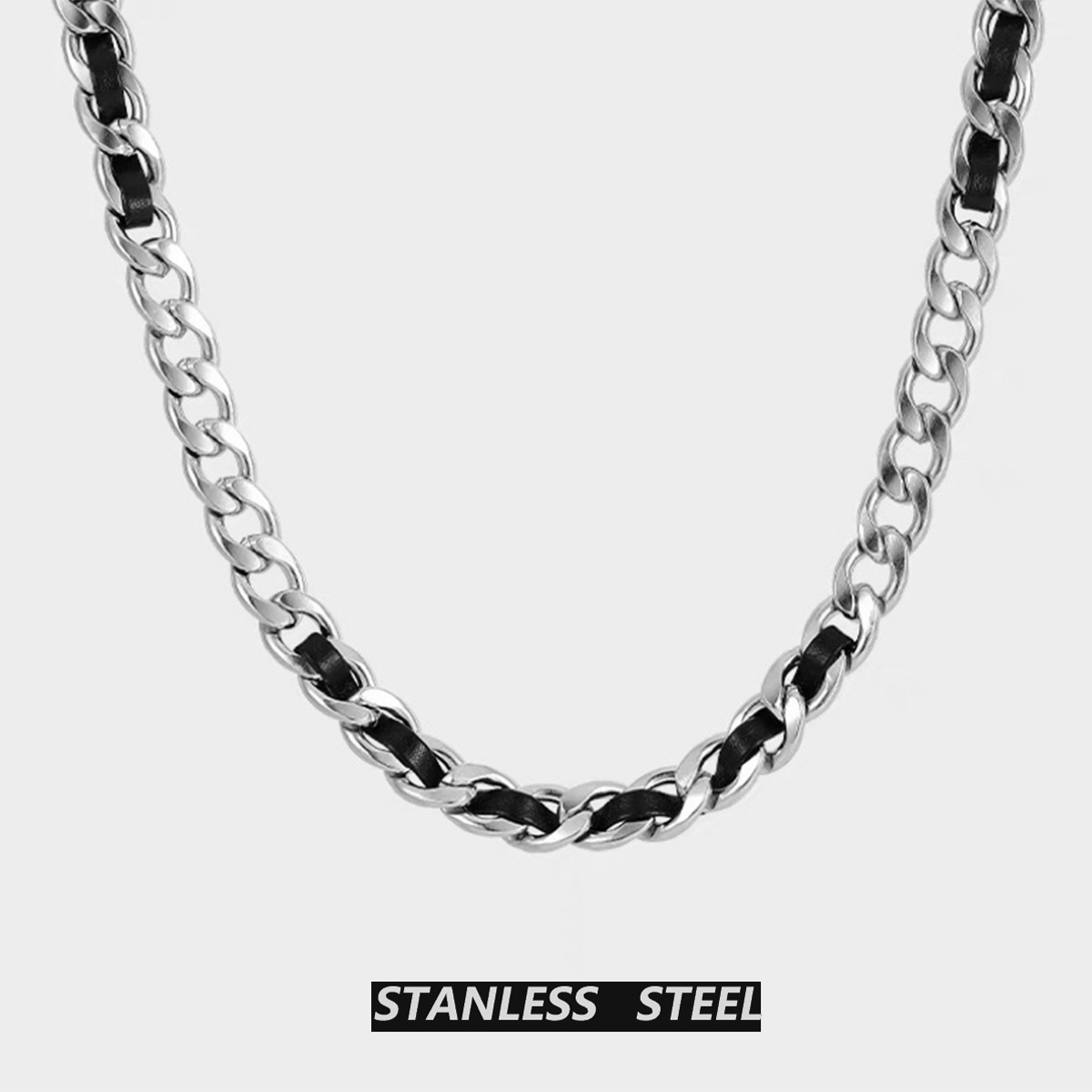 Stainless steel non-fading punk hip hop simple new popular design Cuban chain winding leather men's necklace
