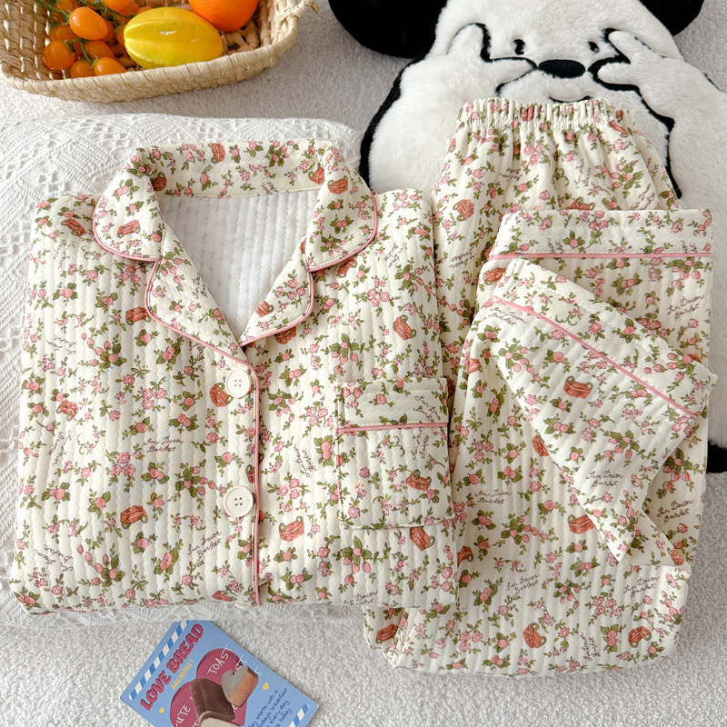 High-Quality Floral Retro French-Style Ins-Style Air Cotton Warm Pajamas Women's Loungewear Set Real Photo Wholesale