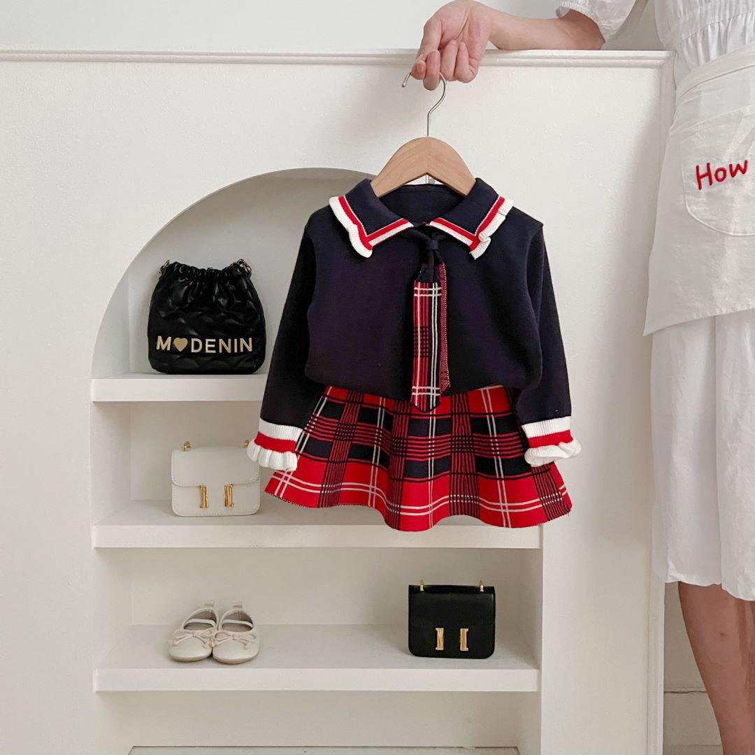 Barnset 2024 Höst/Vinter Ny Western Stickad Tröja i Akademistil Tvådelad Kjol_voghion.com