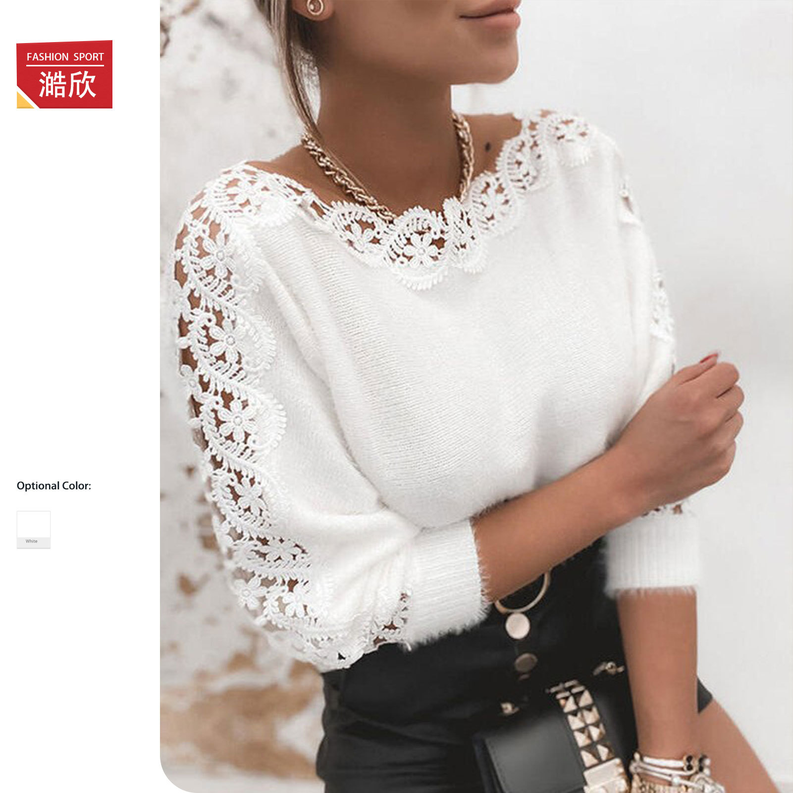 Amazon Knitted Sweater Temperament Boat Collar Lace Spliced ​​Sleeves Cross-Border Foreign Trade Women's Solid Color Top Hollow