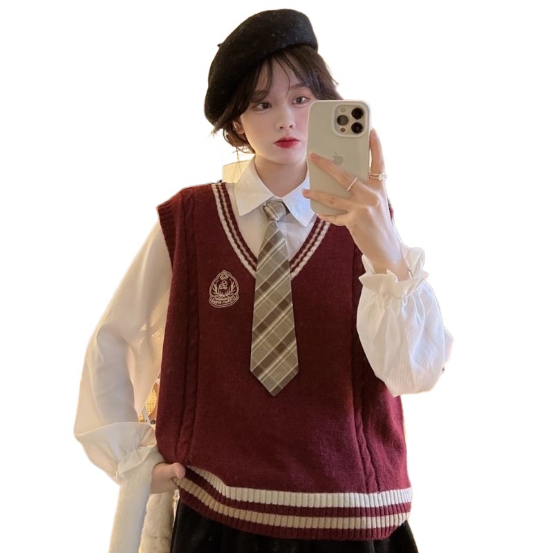 (2개) 봄 가을과 겨울 대학 스타일 새로운 JK 니트 V-NECK 배지 조끼 학생 스웨터 셔츠 투피스 세트
