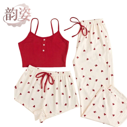 Cross-Border European and American Style Sexy Women's Loungewear Camisole Shorts and Pants Set Women's Ribbed Pajamas Autumn and Winter Custom Wholesale