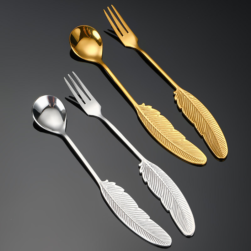 Cuchara de Acero Inoxidable 304 con Diseño de Pluma - Para Café y Postres, Vajilla de Lujo