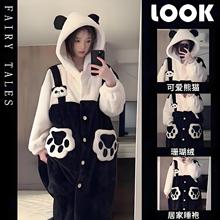 2025年卡通背带熊猫睡衣女冬季珊瑚绒加厚睡袍可爱少女家居服套装