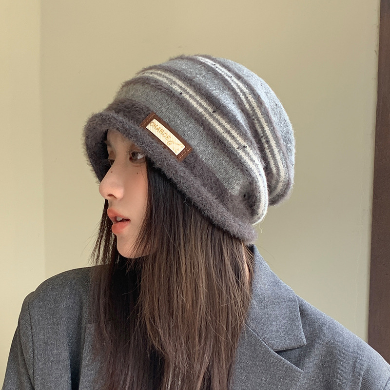 秋冬保暖显脸小堆堆帽女百搭防风针织帽大头围拼色条纹包头毛线帽|undefined