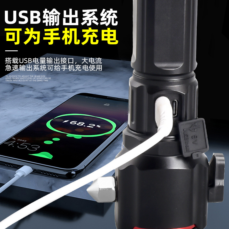 Nuevo zoom transfronterizo linterna recargable al aire libre luz fuerte tipo-C fuente de luz dual con banco de energía linterna de martillo de seguridad