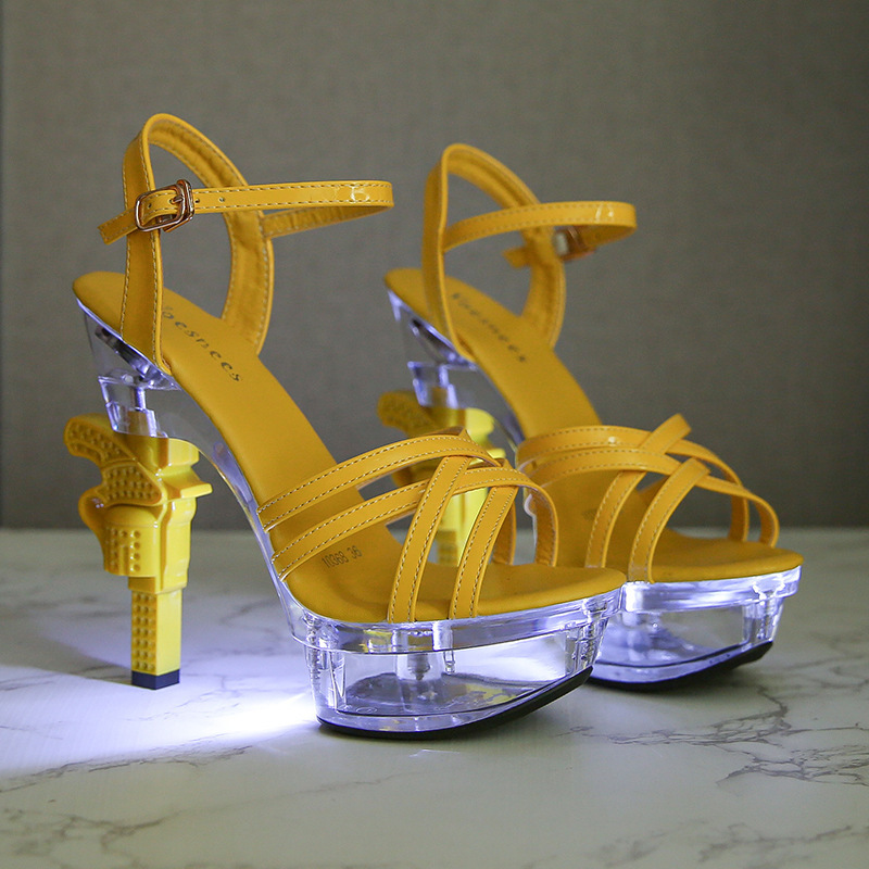 Super high heel shoes 34-43 size special heel gun heel crystal high heel sandals women's summer luminous shoes all-match sexy wedding shoes