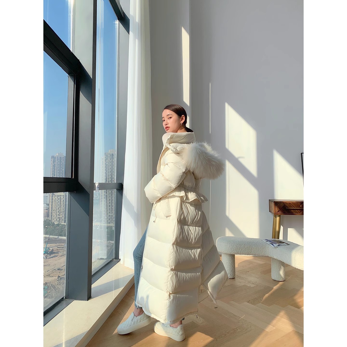 Nuevo Abrigo Negro 2024, Chaqueta de Plumón Desmontable Estilo Largo, Chaqueta de Plumón Blanca Popular de este Año para Mujer, Invierno 2