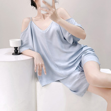 心机露肩绵绸睡衣女夏韩版宽松纯色短袖短裤套装大码跨境睡衣批发