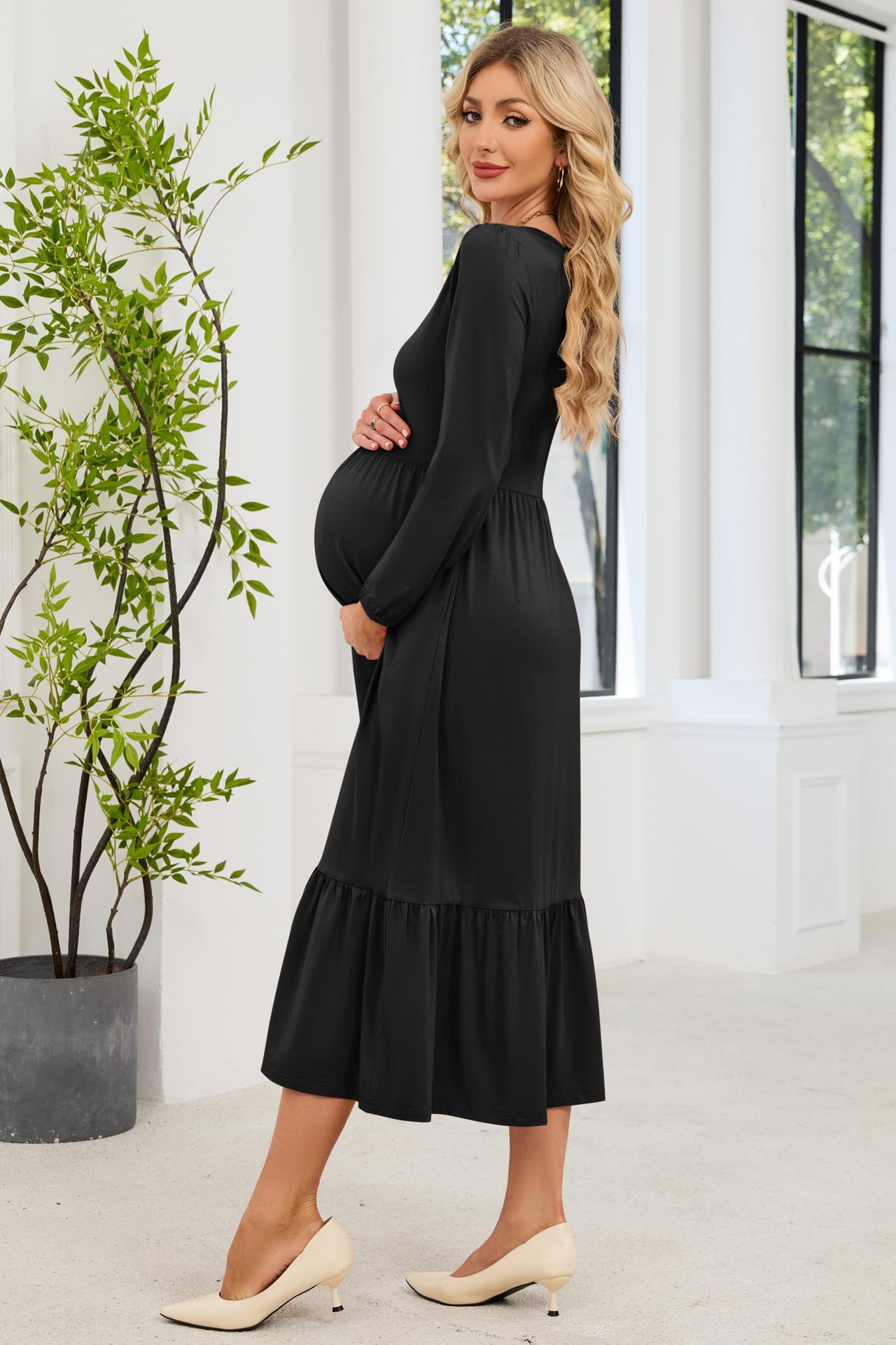 2025 otoño nuevo vestido de embarazo de mangas largas de color sólido vestido casual cuello redondo elegante de embarazo largo