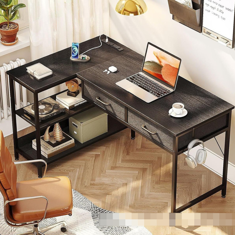 Amazon's Best-Selling Panel Furniture, Direct Sales from Cross-Border Manufacturers, L-Shaped Computer Desk with Power Outlet and Storage Rack