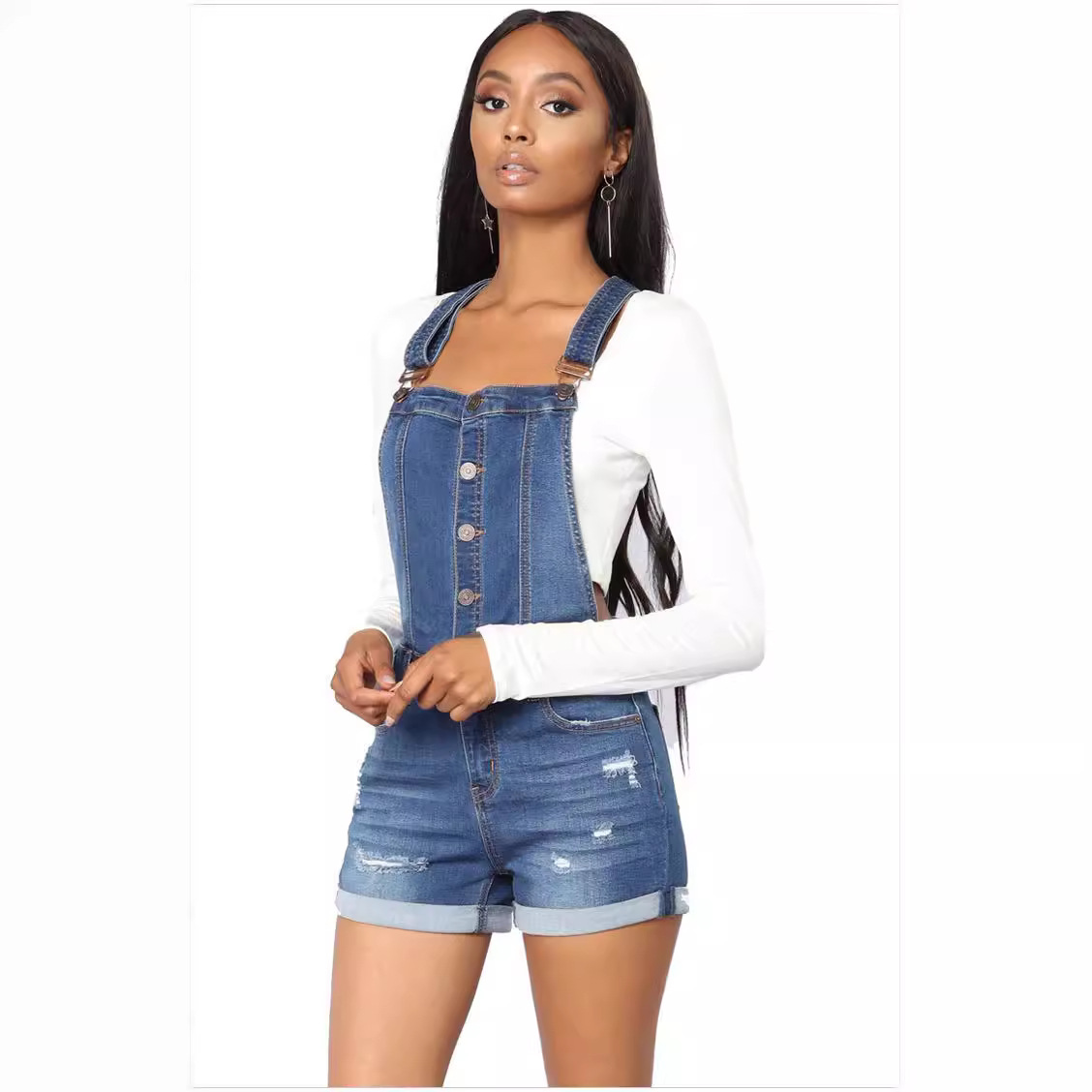 Primavera Amazon Europa y América ripped hip lifting suspender curling jeans deseo Pantalones Cortos de fábrica en las ventas Al Por Mayor