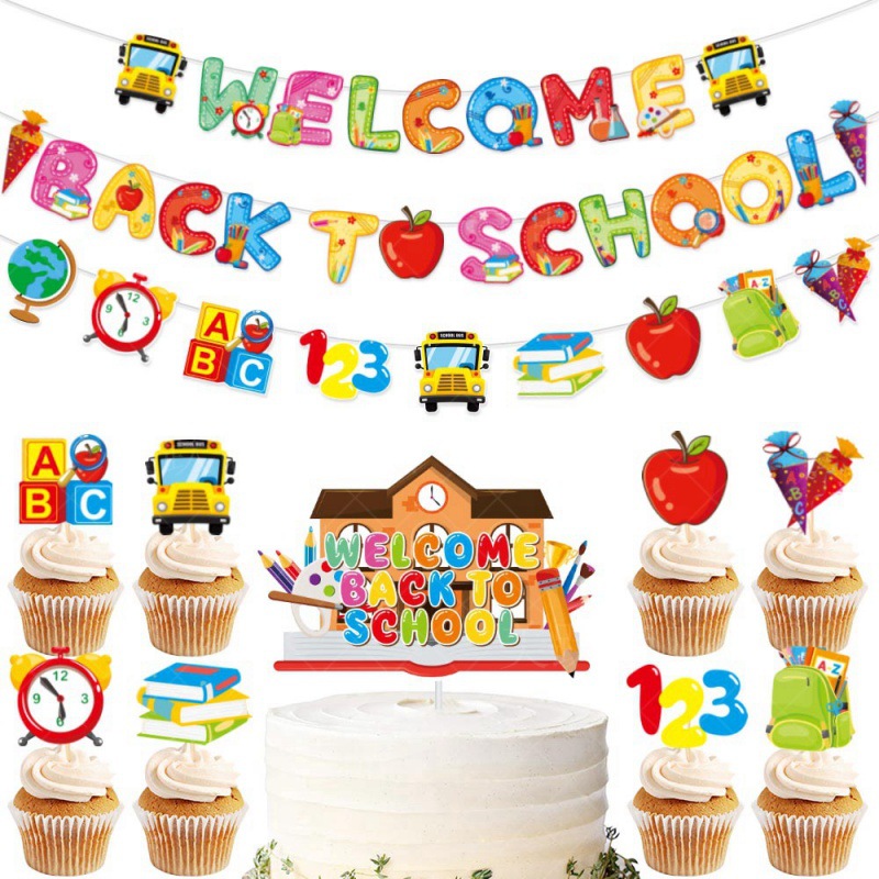 La nueva decoración de la temporada escolar, el juego de la bandera, la tarjeta de inserción de la tarta, la decoración del campus de la temporada escolar, la bienvenida a la escuela para tirar de la bandera