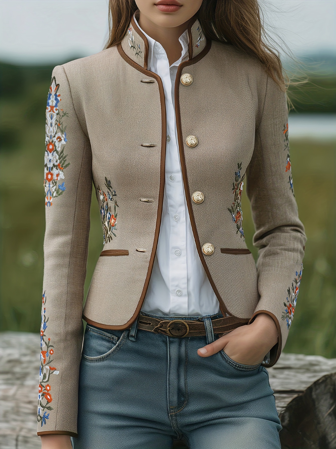 Giacca da donna vintage con colletto alla coreana e ricami floreali a contrasto - Camicia a maniche lunghe slim fit con tasche_voghion.com