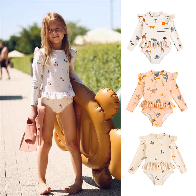 Nordic style children's long sleeve sunscreen one-piece swimsuit 2025 girls quick-drying cute hot spring swimsuit manufacturers wholesale