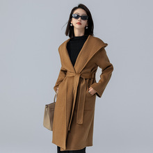 骆驼绒连帽女士双面呢大衣宽松休闲气质简约时尚系带保暖长袖外套
