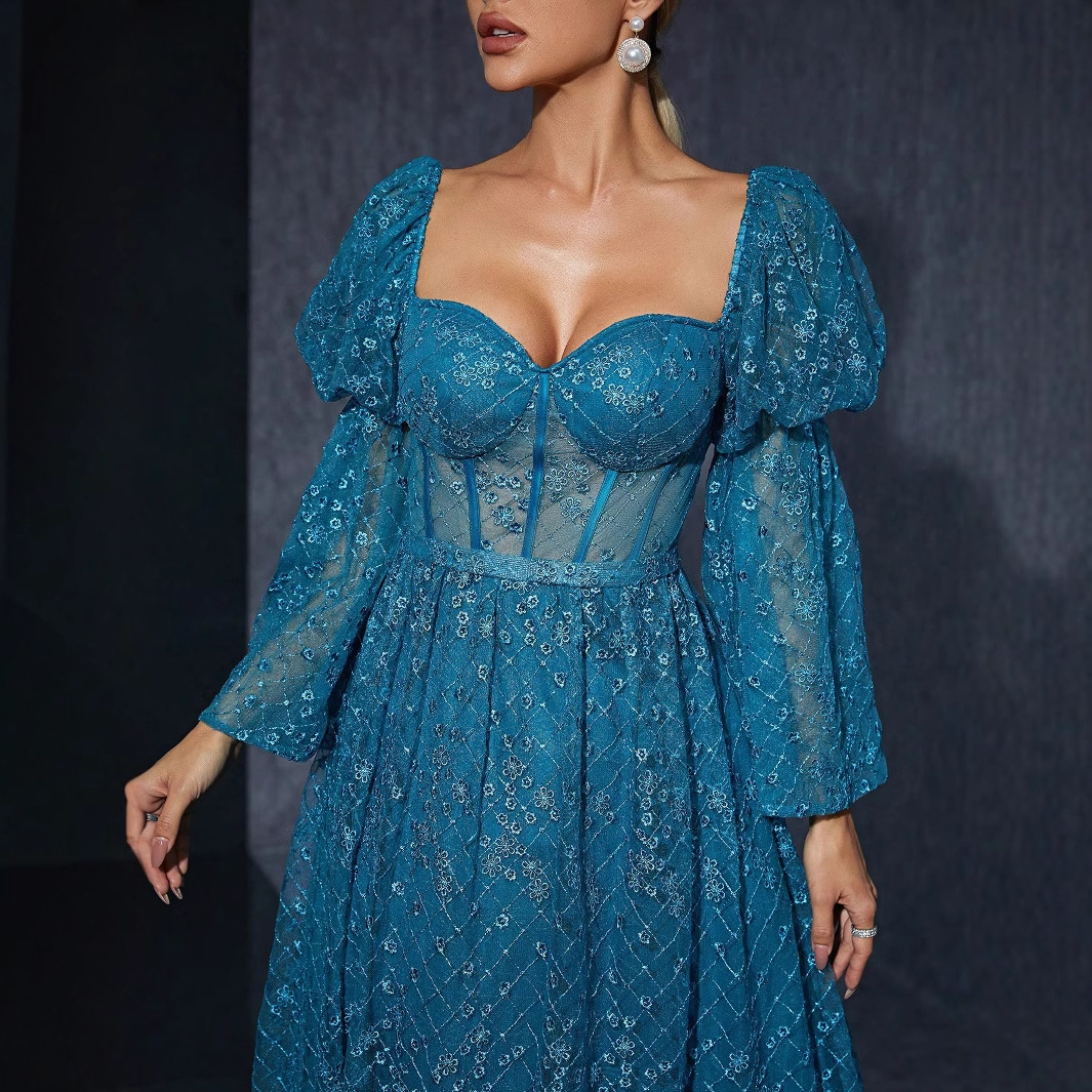 Burbujas transfronterizas de Amazon más mangas de trompeta nuevo vestido de fiesta de baile de nicho bordado supersticioso vestido de noche