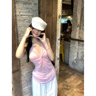 【Bingo】+Shahe 25 Spring Tencel Wool V-Neck Knot Halter Vest Camisole for Women Hot Girl Top