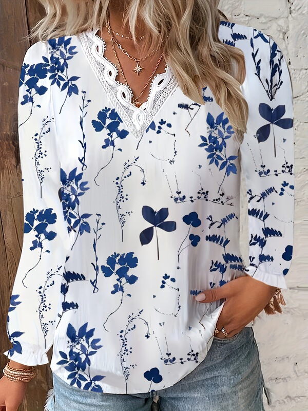 2024 European and American cross-border autumn new long sleeve V-neck lace stitching shirt shirt for women 2024 European and American cross-border autumn new long sleeve V-neck lace stitching shirt shirt for women