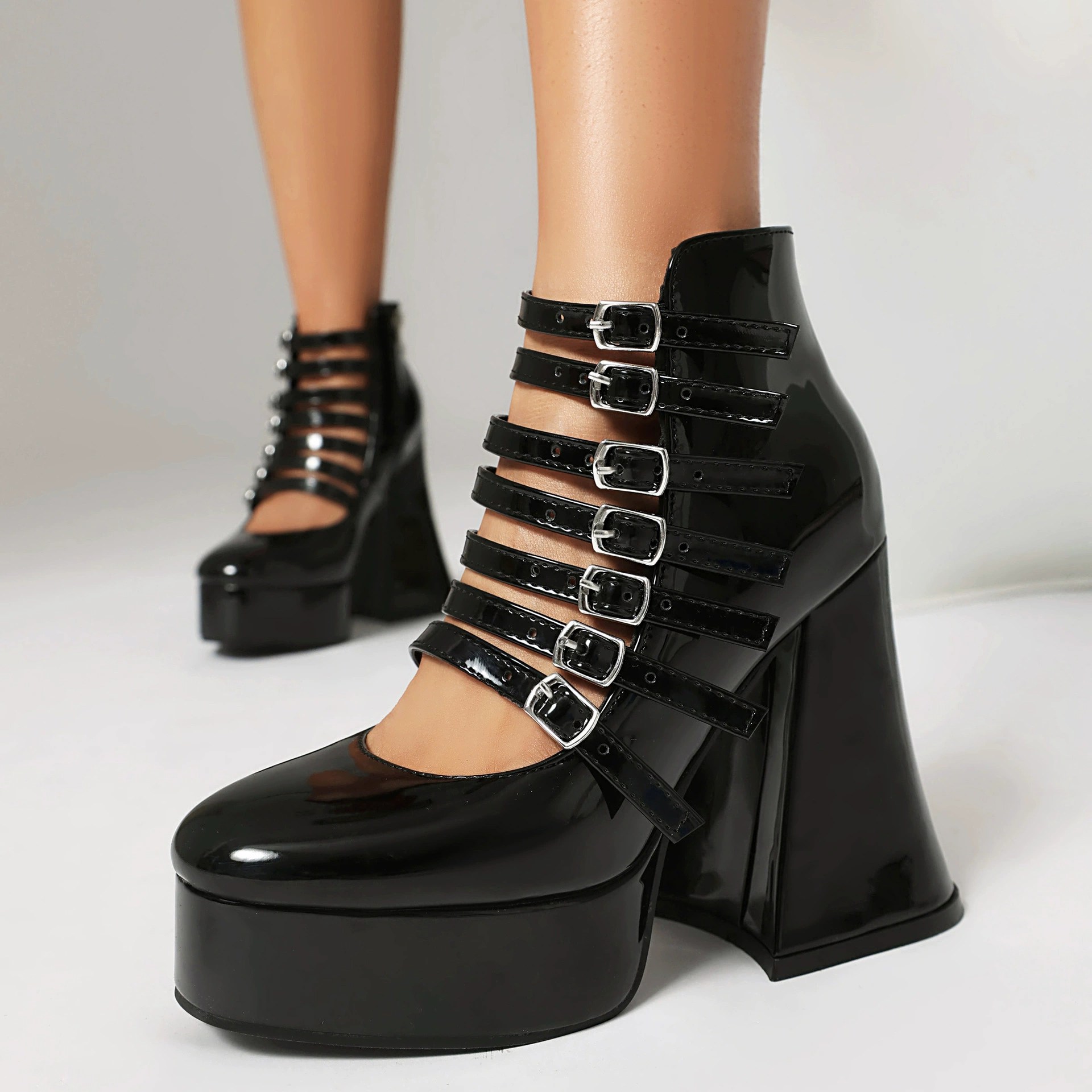 Platform high‑heel patent leather boots, 12 cm heel, microfiber lining, sizes 35–43 (custom)