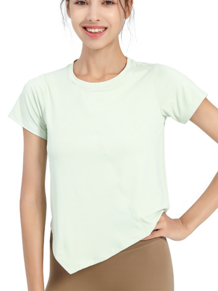 Nuevo verano suelto fitness deportes de manga corta Camiseta de mujer de color sólido europeo y americano de secado rápido irregular yoga Top blusa