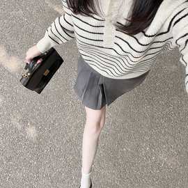 黑白条纹圆领针织毛衣女2023早秋新款休闲上衣