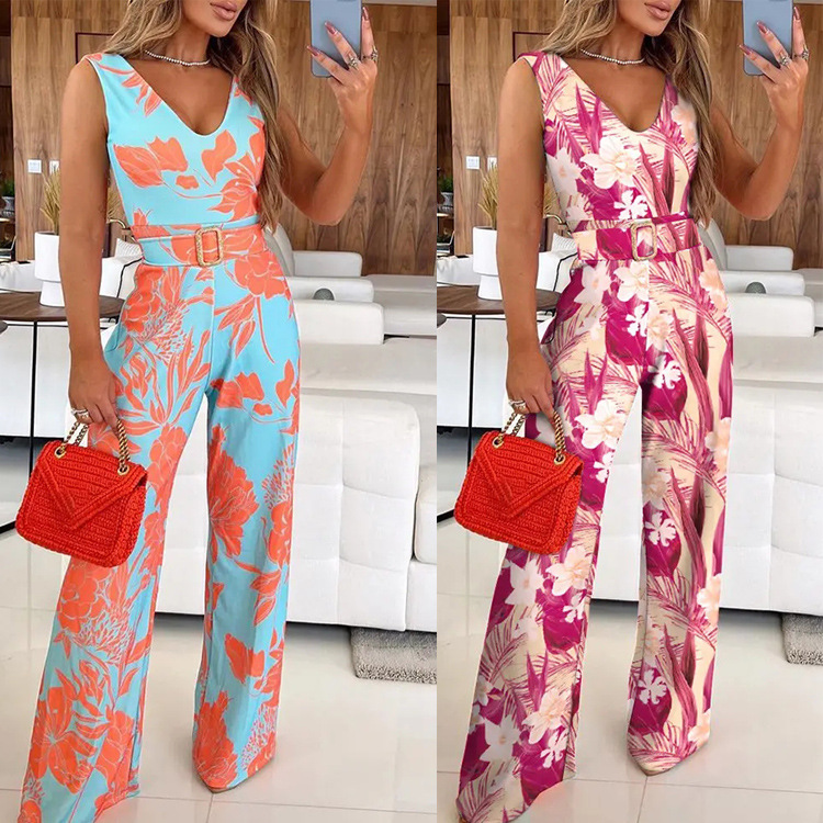 Amazon transfronteriza estilo europeo y americano nuevo verano de las mujeres impresas con cuello en V sin mangas SLIM-Fit sexy jumpsuit Pants