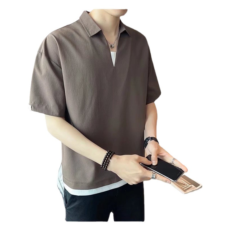 2022 verano Nueva solapa camisa de Polo de manga corta de los hombres de media manga simple suelta de moda delgada de seda de hielo top del todo-fósforo