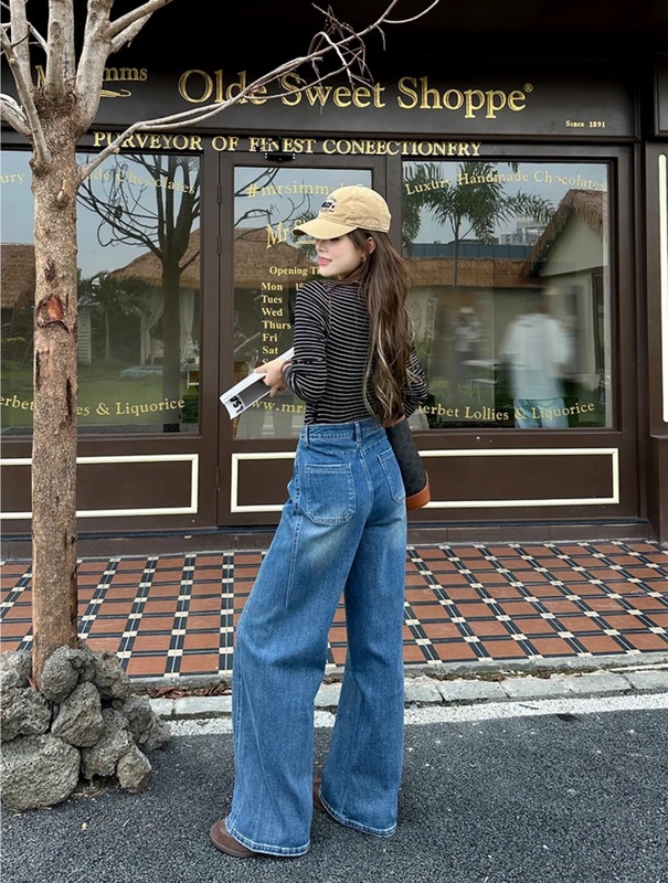 2025早秋新款高腰百搭宽松垂感显瘦怀旧蓝拖地裤女款阔腿牛仔裤|undefined