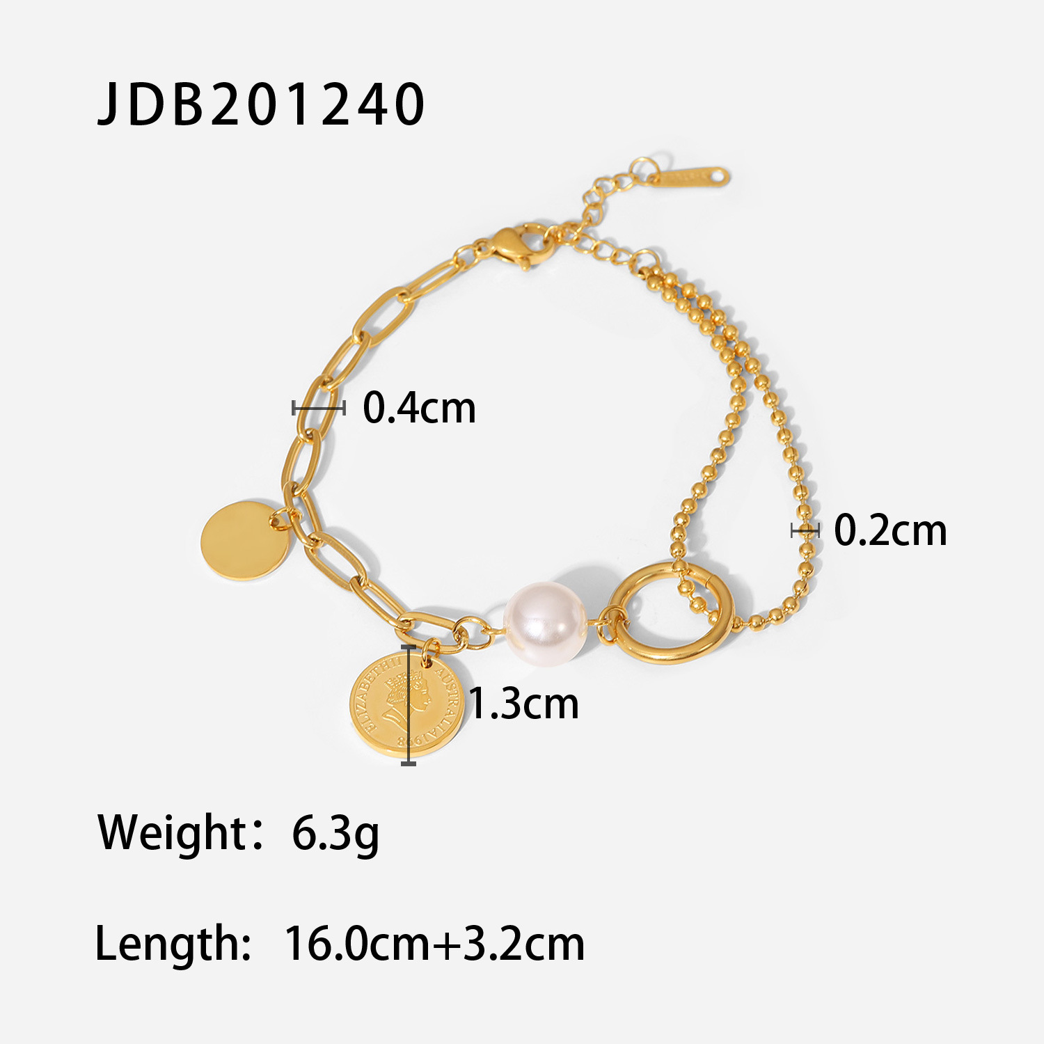 Retro Style Stainless Steel 18k Gold Plated Elizabeth Coin Pendant Pearl Ball Bead Chain Stitching Bracelet display picture 7