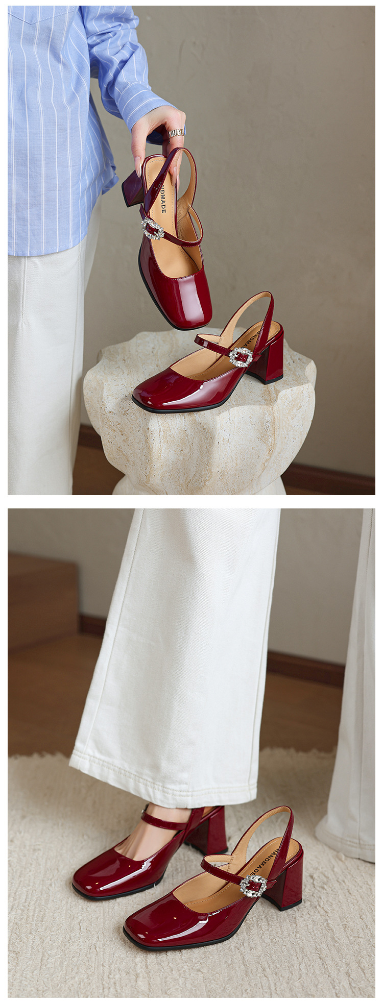 Giày sandal cao gót nữ quai ngang mũi tròn bít, gót 7 cm, phong cách Mary Jane — màu đen, Rượu vang đỏ, màu mơ, bạc chi tiết 20
