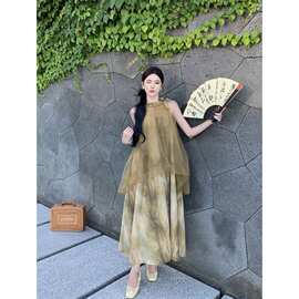 挂脖连衣裙女新中式改良旗袍禅意晨袍仙女网纱扎染假两件无袖裙子