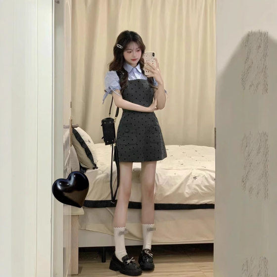 French Hepburn Academy Style dress Women's Summer New A- line Skirt Slimming Short-sleeved POLO Collar Fake Two-piece Skirt