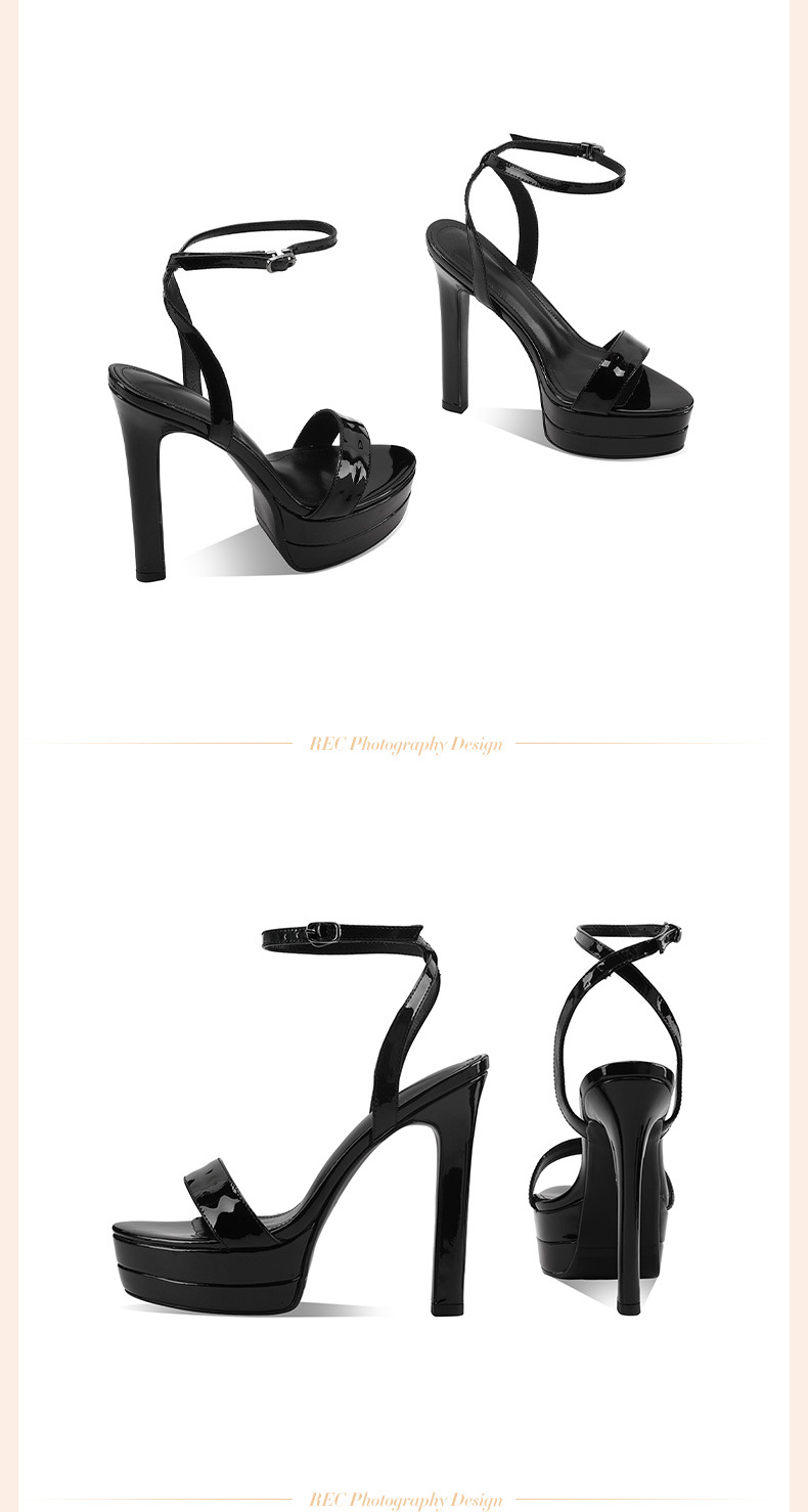 Sandal nữ cao gót 13 cm hở mũi quai ngang da thật đế xuồng — đen chi tiết 3