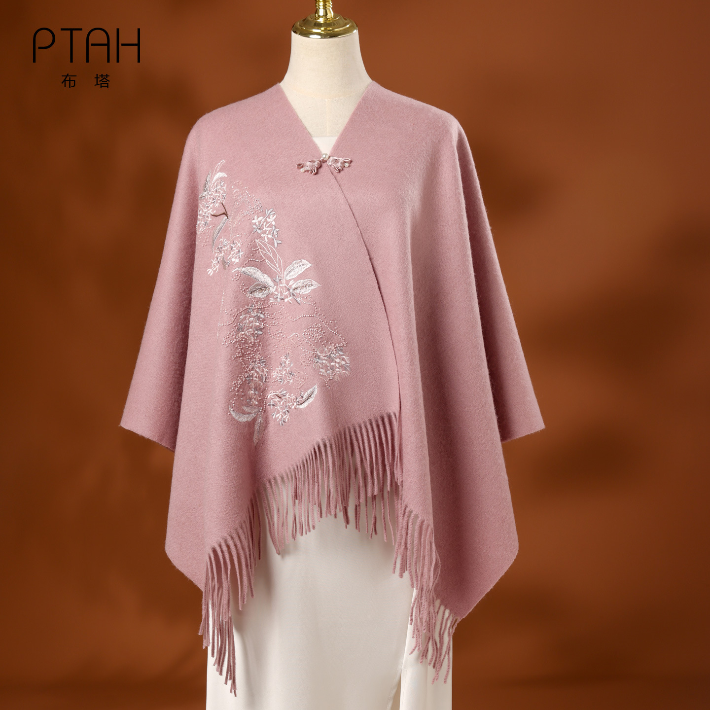 Buta wool embroidered scarf for women, winter button-up Chinese style shawl, classic tassel embroidered outerwear PT26Q230