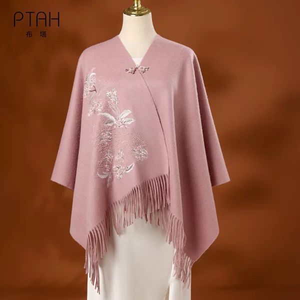 Buta wool embroidered scarf for women, winter button-up Chinese style shawl, classic tassel embroidered outerwear PT26Q230