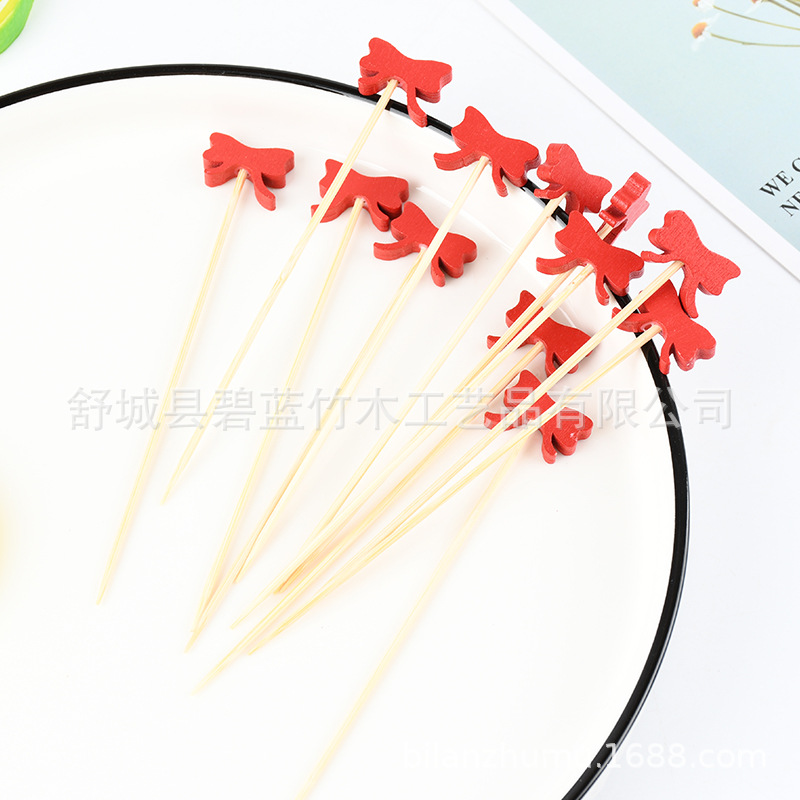 Fábrica de suministro de arco rojo botón de bambú desechable moda botón de vino horquilla de fruta horquilla decorativa horquilla de fruta