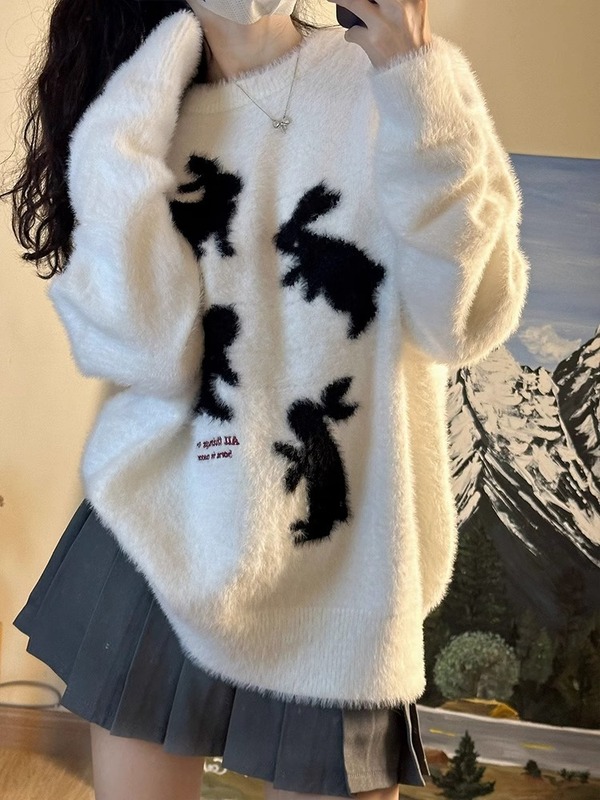 美式学院风白色毛衣女2025秋冬套头圆领针织衫宽松慵懒风上衣|undefined