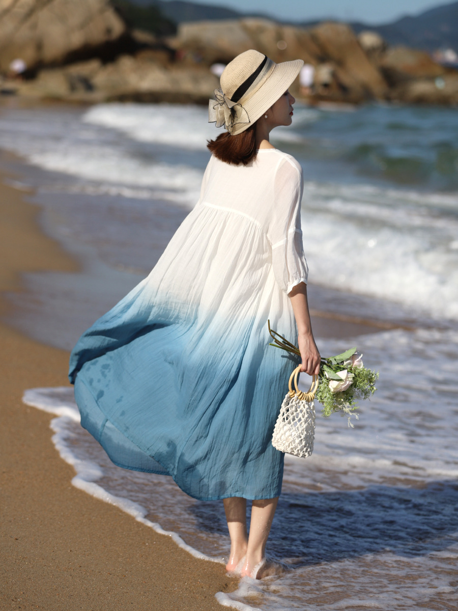 2024 Summer Loose Plus-Size Robe, Chinese Style Gradient Lightweight Ramie Zen Tea Dress, Double-Layered Large Hem Skirt_ecoleips.com