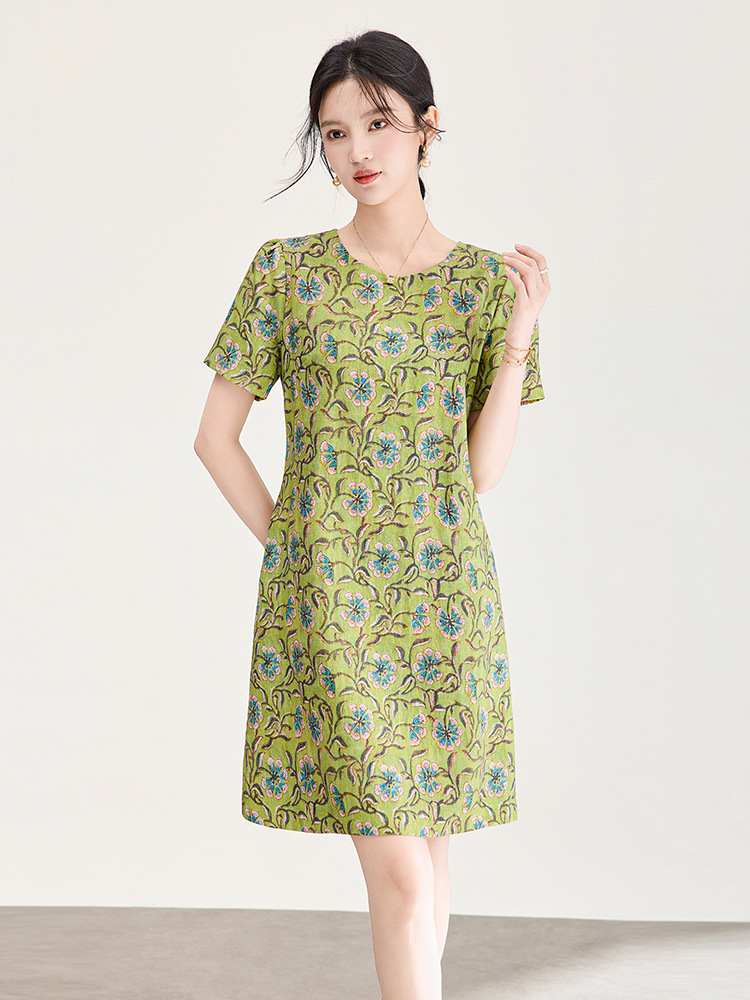 Đầm maxi nữ thắt eo tay ngắn họa tiết vintage chất lụa tơ tằm phối sợi gai — xanh lá cây