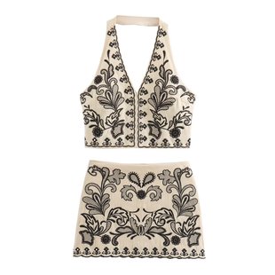 25 European and American Women's AliExpress INS Explosions Embroidered Hanging Collar Short Top Mini Skirt suit
