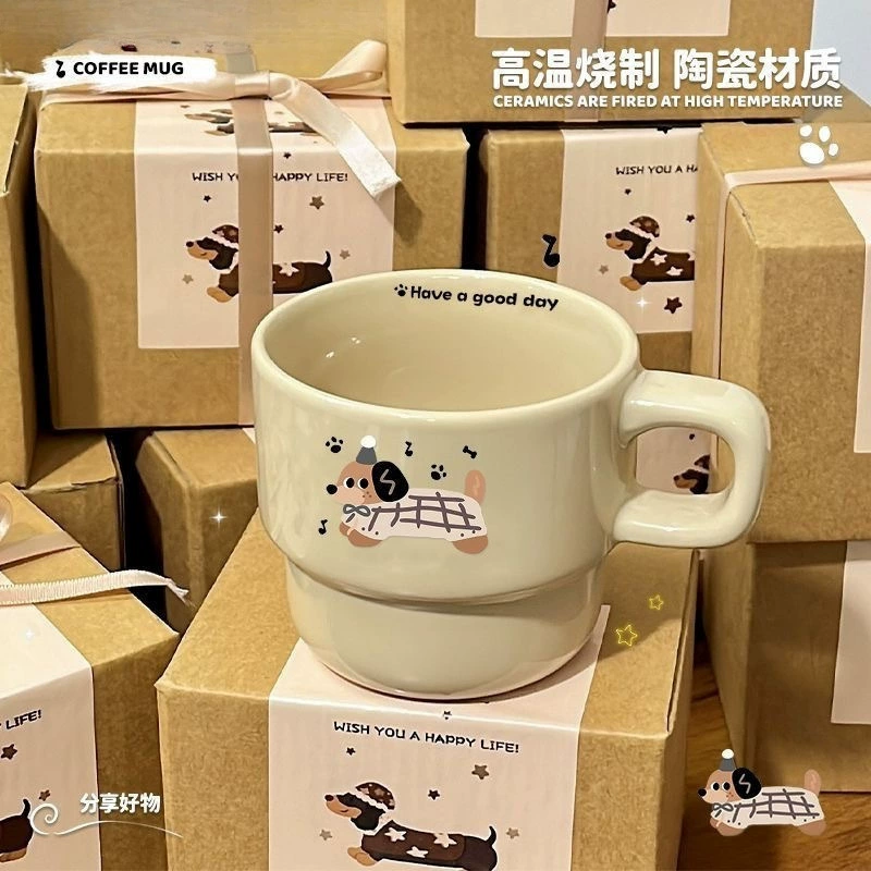 Stackable Ceramic Mug, light luxury dachshund design, breakfast cup with handle and spoon option