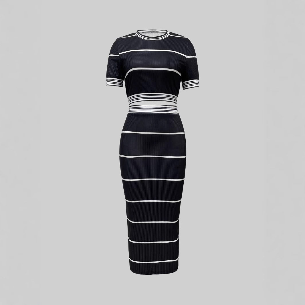 Women's Elegant Retro Short Ribbed Bodycon Skirt Set High End Sexy Short Sleeved Top Bottom Ensemble For Summer_ecoleips.com