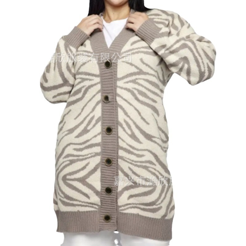 Otoño e invierno nueva chaqueta de suéter de contraste de un solo pecho con estampado de cebra para mujer de comercio exterior transfronterizo Chaqueta de punto de Amazon