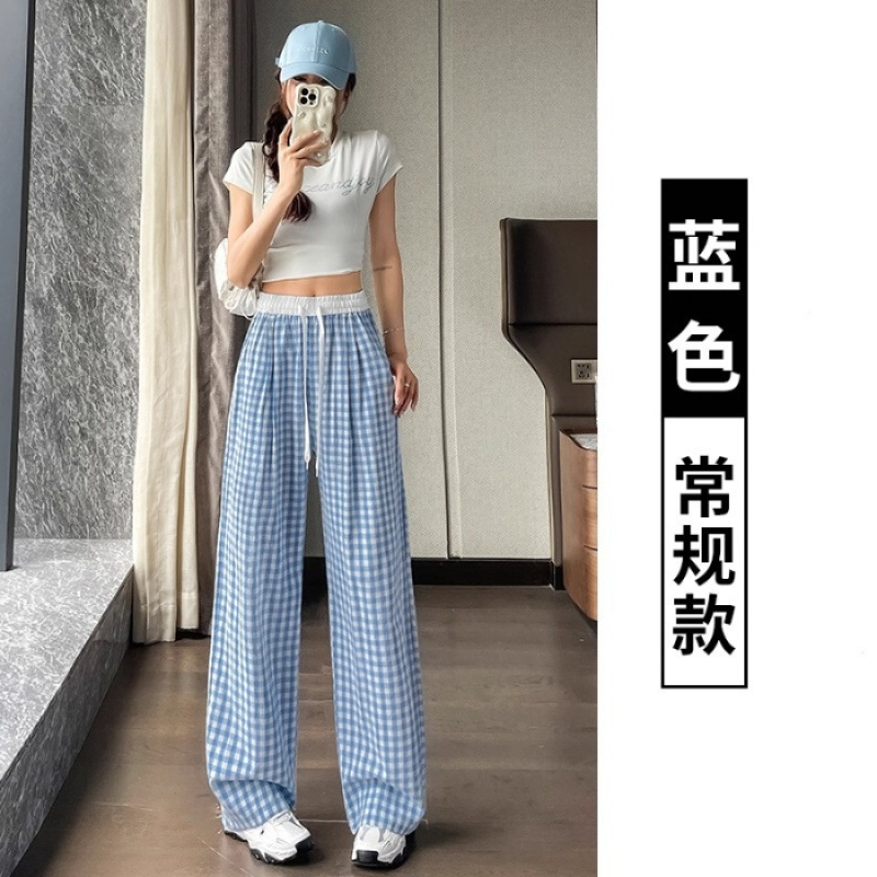 アイスシルクチェック柄パンツ女性の夏薄いハイウエストドレープ 2025 新しいストレートカジュアルルーズ怠惰なスタイルワイドレッグパンツ|undefined