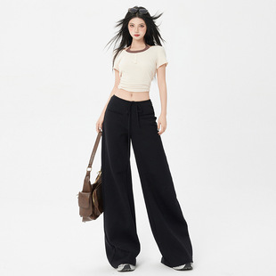 2025 New Basic Air Layer Micro-Flared Casual Sweatpants Sports Pants Drawstring Strap Wide-Leg Pants Long Pants