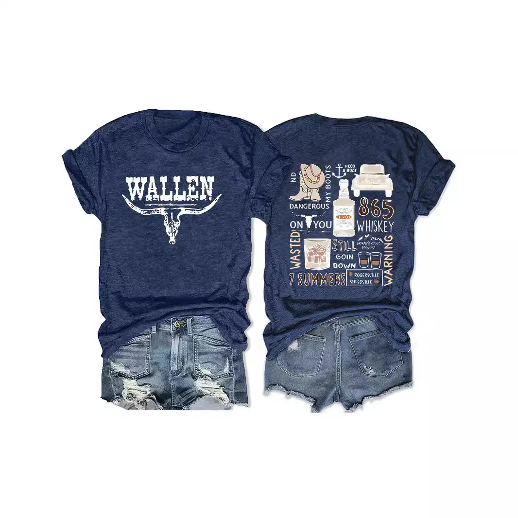 亚马逊欧美夏女装复古牛头牛仔图案圆领短袖休闲时尚外贸爆款T恤