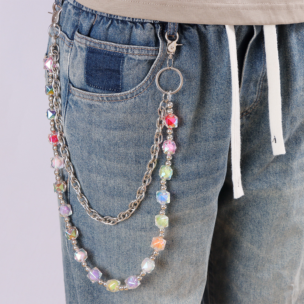 Europäische und amerikanische doppellagige, farbenfrohe, perlenbesetzte Herren-Jeans in Bonbonfarben mit Dopamin-Einsatz, trendiger Hip-Hop-Stil._voghion.com